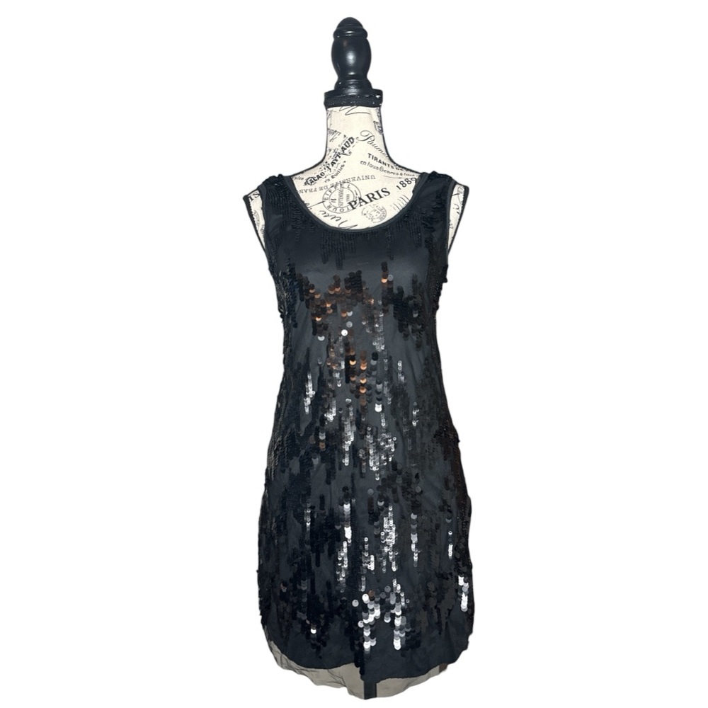ZARA Collection Black Sequin Mini Dress M Scoop Neck Sleeveless Party Art Deco